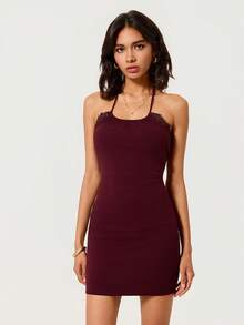 SHEIN BASICS 女款撞色蕾絲修身時尚掛脖迷你洋裝 - 中紫紅色 - 查看 2