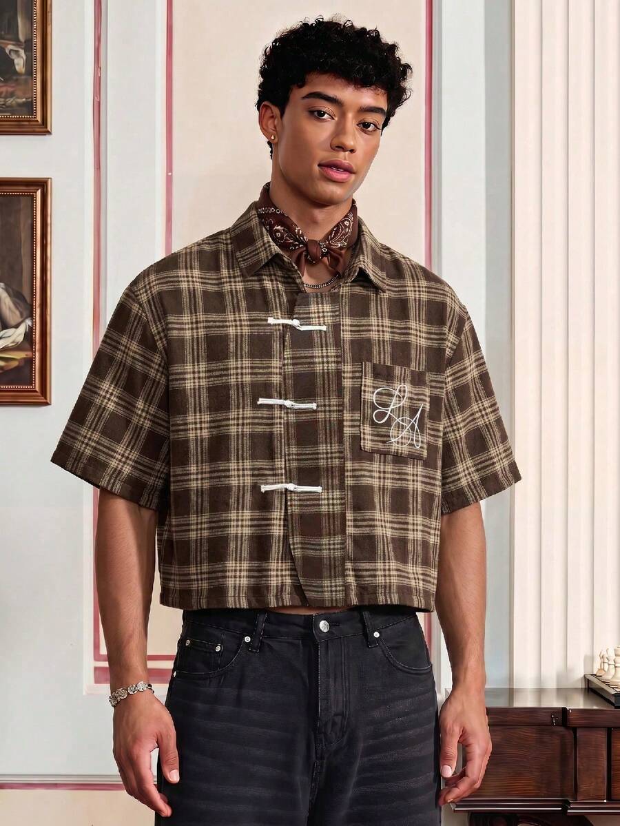 SWAVVY Men's Letter Embroidered Front Button Casual Short Sleeve Shirt - Brown - View 1