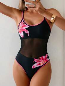 Swim Vcay 女款一件式花卉網格拼接泳衣，夏季度假海灘泳裝 - 彩色 - 查看 4