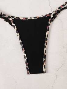 SHEIN Swim 女款豹紋拼接性感掛脖綁帶比基尼兩件式泳衣套裝 - 黑色 - 查看 6