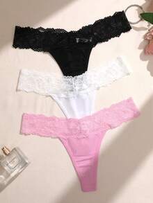 Elorette 3pcs/Set Seamless Solid Color Lace Patchwork Fashion Thong Panties - Multicolor - View 2