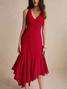 COSMINA Women's V-Neck Asymmetric Hem Dress, Minimalist Red Dress, Elegant Flowy Midi Dress, Red Dress, Elegant Dress, Y2k Dress, Holiday Dress, Summer Dress - Red - View 7