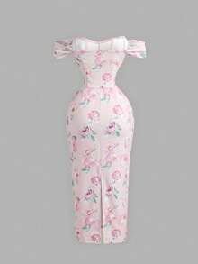 SHEIN MOD 女款粉色花卉印花露肩緊身洋裝 - 淺粉色 - 查看 4