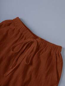 SHEIN EMERY ROSE CURVE 大尺碼女款短版水洗棉收腰後口袋鈕扣裝飾度假上衣 - 棕色 - 查看 5
