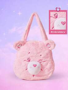 ROMWE X Care Bears 粉色刺繡大容量托特包，適合通勤與開學季學生穿搭，可裝書本、購物， 聯名款 - 粉色 - 查看 6