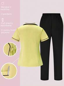 TaskEZ Scrubs Set: V-Neck Short Sleeve Top & Pants Scrub Uniform For Healthcare Workers - Yellow - View 2