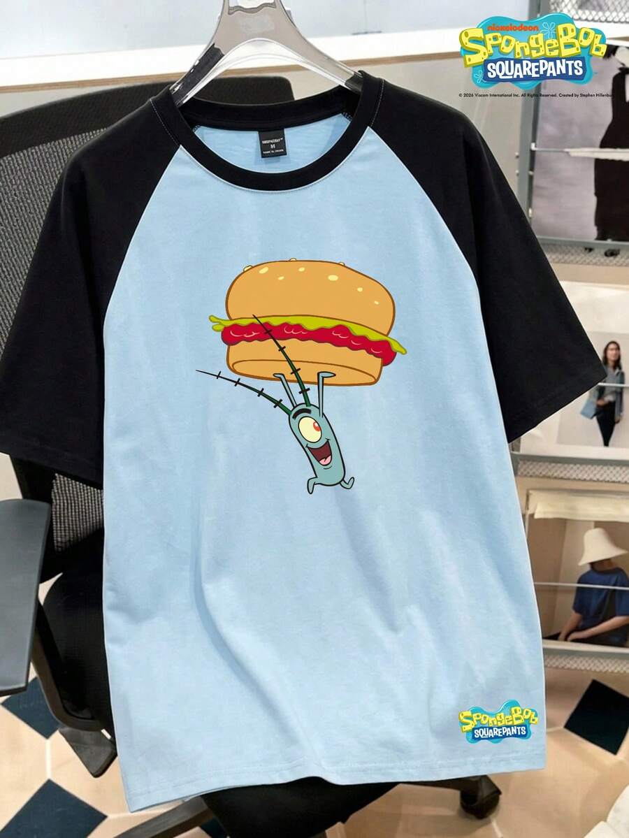 SpongeBob SquarePants | SHEIN Manfinity Joysei Camiseta de hombre con bloques de color y mangas raglán en azul claro y oscuro, vacaciones - Multicolor - Ver 1