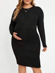 Plussiva Gaun Kasual Pas Badan Ukuran Plus untuk Ibu Hamil, Warna Polos, Leher Bulat, Lengan Panjang - Hitam - View 6