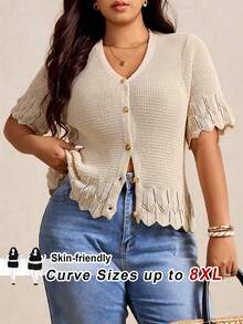 SHEIN CURVE+ Plus Size Women's Elegant Peach Summer Vacation Holiday V-Neck Single-Breasted Cardigan Sweater,Minimalist Solid Color Shell Trim Knitwear For Spring - Apricot - View 1