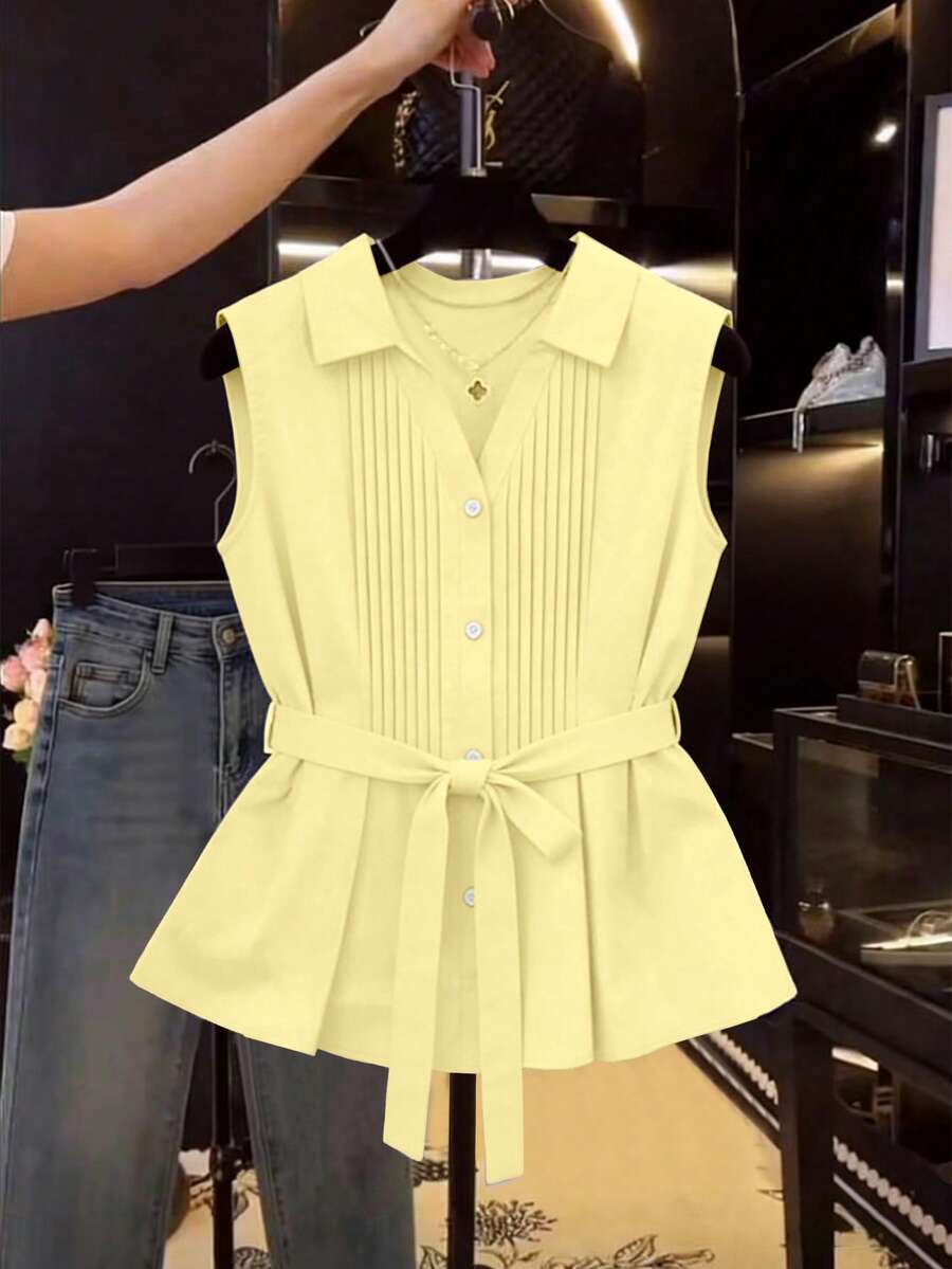 Franclia Camicia da donna con scollo a V, plissettata, senza maniche, con cintura - Giallo chiaro - Visualizzare 1