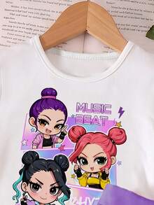 SHEIN 女童休閒日常短袖舞團風紫色圖案米白色T恤搭配紫色百褶裙學院風夏季套裝兒童洋裝套裝 - 彩色 - 查看 7