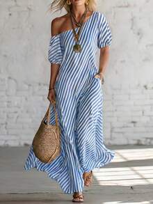SHEIN Holidaya Spring Summer Blue White Striped One-Shoulder Maxi Dress French Summer Beach Dress - Blue - View 1