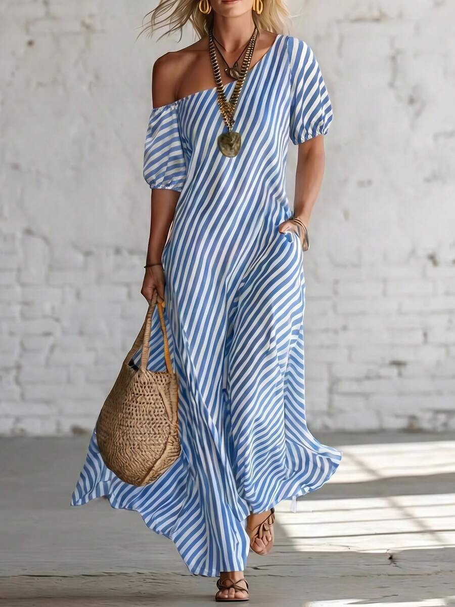 SHEIN Holidaya Spring Summer Blue White Striped One-Shoulder Maxi Dress French Summer Beach Dress - Blue - View 1