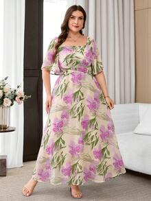 Reflora Plus Size Women's Floral Print Square Neck Ruffle Short Sleeve Elegant Dress - Multicolor - View 9