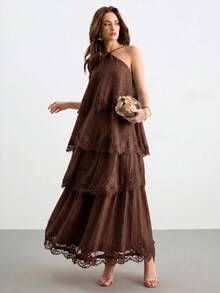 Willow Rêve 女款天絲掛脖式長洋裝，蕾絲荷葉邊飾邊，分層設計，優雅度假洋裝 - 棕色 - 查看 9