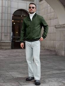Manfinity CasualCool Men's Spring/Autumn Casual Fashion Street Style Daily Commute Color Block Striped Trim Zipper Front Baseball Jacket - Army Green - View 3