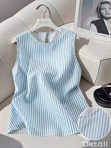 GlowEve CURVE Plus Size Women's Summer Fashion Elegant Commute Round Neck Sleeveless Striped Blouse Shirt - Blue and White - View 1