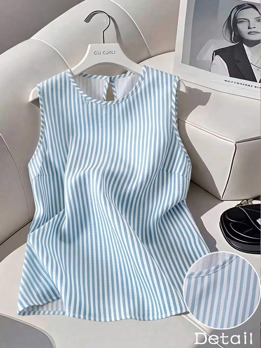 GlowEve CURVE Plus Size Women's Summer Fashion Elegant Commute Round Neck Sleeveless Striped Blouse Shirt - Blue and White - View 1