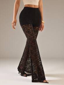 SHEIN PETITE Women's Lace Patchwork Versatile Daily Wear Flare Pants Party Night Black Summer Petite Sexy - Black - View 7