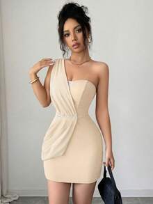 Elenzga Asymmetrical Fabric Patchwork Diamond Decor Bodycon Elegant Sexy Romantic Exquisite Women's Dress Ruched Formal Gown Night Out Wedding Peach Summer - Apricot - View 4