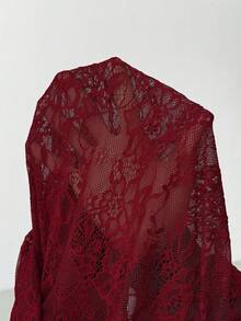 EgrlEra Women's Lace Elastic Peony Floral Sheer Sexy Top (Random Cut) - Maroon - View 7