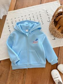 SHEIN Baby Girl Front And Back Tropical Print Front Zipper Hooded Sweatshirt - Blue - View 7