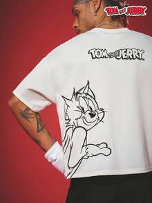 TOM & JERRY X SHEIN PAVTROS 男士街頭時尚字母印花圓領短袖T恤，週年紀念禮物 - 白色 - 查看 6