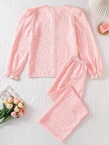 Piyama Anak Perempuan Remaja Nyaman, Modis, Motif Bunga Kecil, Elegan, 2 Potong Set Pakaian Santai - Baby Pink - View 2