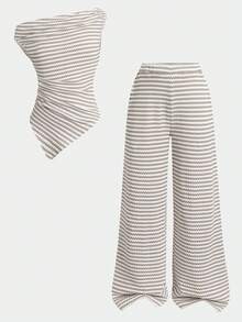 SHEIN 青少年女孩夏季休閒條紋不對稱上衣與長褲套裝 - 杏色 - 查看 7