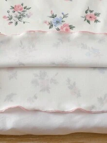 少女睡衣兩件套，優雅清新碎花配色塊波浪飾邊，3D蝴蝶結裝飾，短袖上衣與長褲家居休閒睡衣，1套 - 白色 - 查看 5