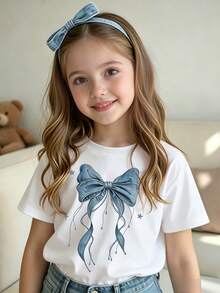 Elladie kids Spring Summer Autumn Girls Toddler Fashion Creative Fresh Minimalist Pink Bow Pattern Print Casual Basic Short Sleeve T-Shirt - White - View 3