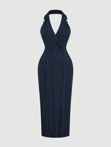Sweetra Summer Elegant Striped Lapel Sleeveless Office Commute Plus Size Long Dress For Women - Navy Blue - View 3