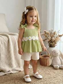 SHEIN Vintaside Kids 2件套女婴幼儿/新生儿0-3岁休闲日常可爱度假条纹蝴蝶结装饰吊带背心+短裤套装，春夏款 - 綠色 - 查看 3