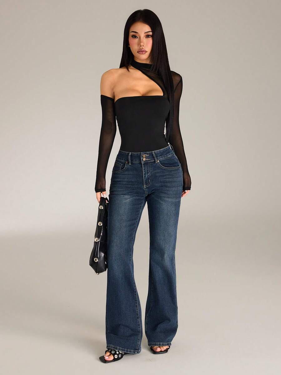 SHEIN PETITE Women's Mesh Patchwork Fitted Versatile Daily Wear Bodysuit