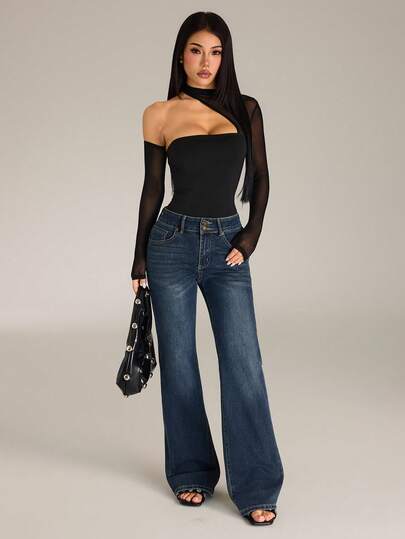 SHEIN PETITE Bodysuit nữ ôm sát phối lưới đa năng mặc hàng ngày