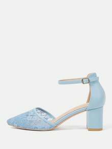 CUCCOO HITCHD White Lace Pointed-Toe Block Heels. Elegant Bridal Shoes For Wedding, Party, Prom And Holidays. Stylish Picks For Spring & Special Events. - Light blue - View 8