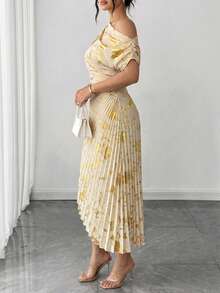 Roveilla Damen-Sommerkleid in Große Größen, elegant und raffiniert, mit asymmetrischer Schulter, Goldfolien-Plissee, Champagner-Gold, metallischem Glanz, asymmetrischem Ausschnitt, 2026 Sommerkleid, neues Kleid - Aprikosenfarben - Übersicht 11