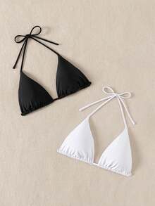 SHEIN Swim Women's Solid Color Bikini Top For Beach Vacation - Black and White - View 5