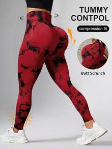 SHEIN Core Rhythm 女款高腰拼色休閒百搭日常穿著運動緊身內搭褲 - 紅色 - 查看 2