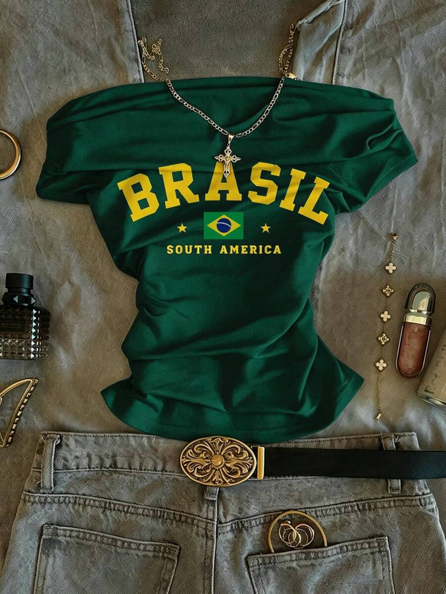 IslaSuriya Camiseta ajustada con hombros descubiertos y fruncido estilo brasileño - Verde - Ver 1
