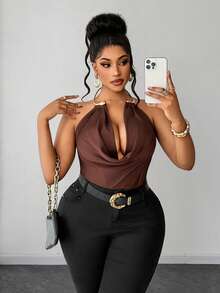 Maweii Plus Size Women's Solid Color Draped Neck Ruffle Casual Versatile Daily Bodysuit - Brown - View 1