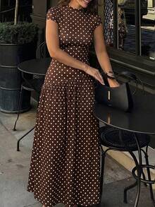 Firerie Minimalist Elegant Daily Wear Unique Solid Color Short Sleeve Fitted Stand Collar Asymmetrical A-Line Cinched Waist Long Dress - Chocolate Brown - View 5