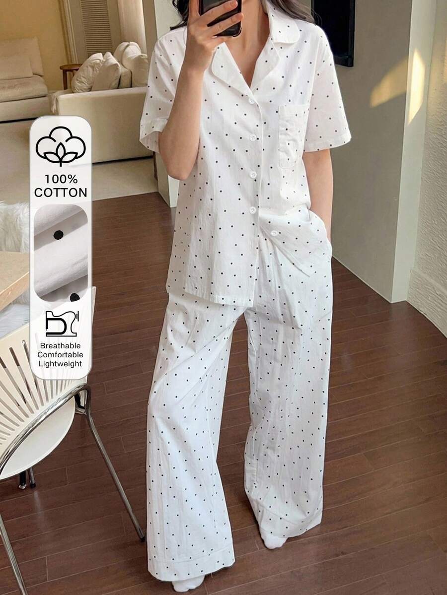 DAZY 2件組女款夏季睡衣套裝,波點滿版印花寬鬆短袖開襟上衣 & 直筒長褲 - 白色 - 查看 1