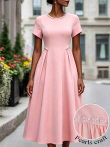 SHEIN Women's Elegant Party & Commute Pearl Decor Ruched Waist Pink Midi Dress Summer Outfit For Women Vacation Outfits For Women Casual Dresses For Women - Pink - View 4