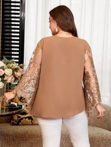 Reflora Blusa casual versátil de uso diario con patchwork de encaje y plisados para mujer de talla grande - Marrón - Ver 3