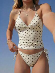 Swim Mod Summer Sweet Cherry Plaid Tank Bikini Set - Light Yellow - View 1