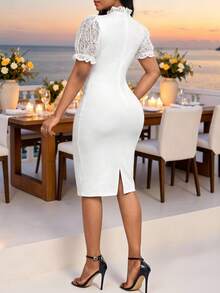 Fleurora Women's Elegant Mature Romantic Sexy Commuter Golf Dinner Date Party Wedding Solid Color Lace Patchwork Midi Dress White Floral Summer Office Wear - White - View 2