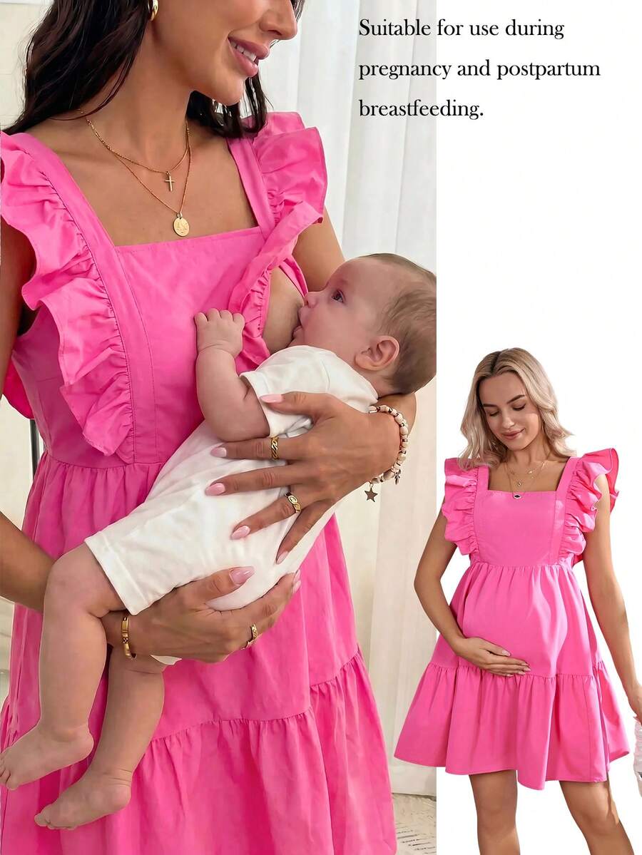 Lyckli Maternity Solid Color Ruffle Hem Nursing Dress - Pink - View 1