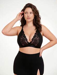 Elorette Women's Plus Size Patchwork Lace Wireless Bra - Black - View 5