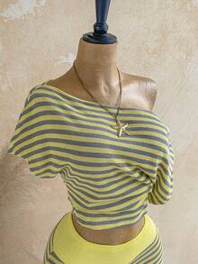 Soleia Plus Size Women's Striped Colorblock Asymmetrical Shoulder Top And Casual Sexy Shorts 2-Piece Set Beach Vacation Yellow Summer - Yellow - View 7